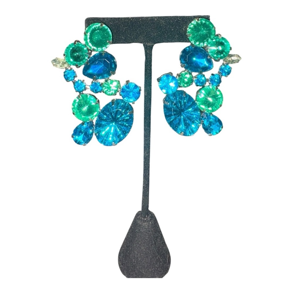 Blue Green Rhinestone Statement Drop Earrings Sil… - image 2
